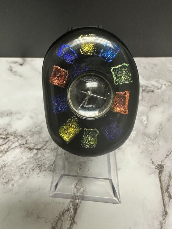 Vintage ZZYZX Watch Black Domed Case Confetti Foil Inlay Black Band New Battery main image 11